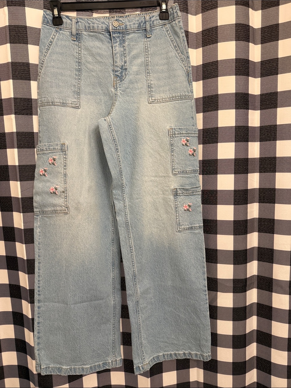 No Boundaries Light Blue Wide Leg Jeans with Pink Floral Embroidery